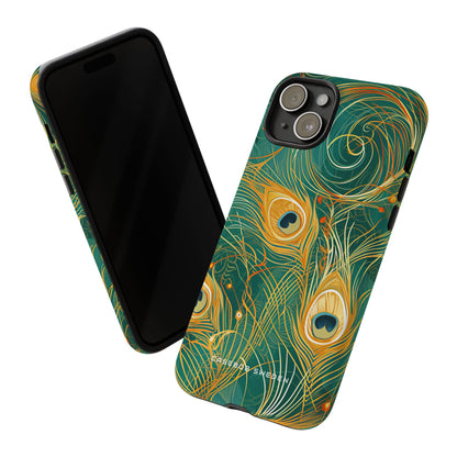 Peacock Elegance in Teal and Gold iPhone 15 - Tough Phone Case