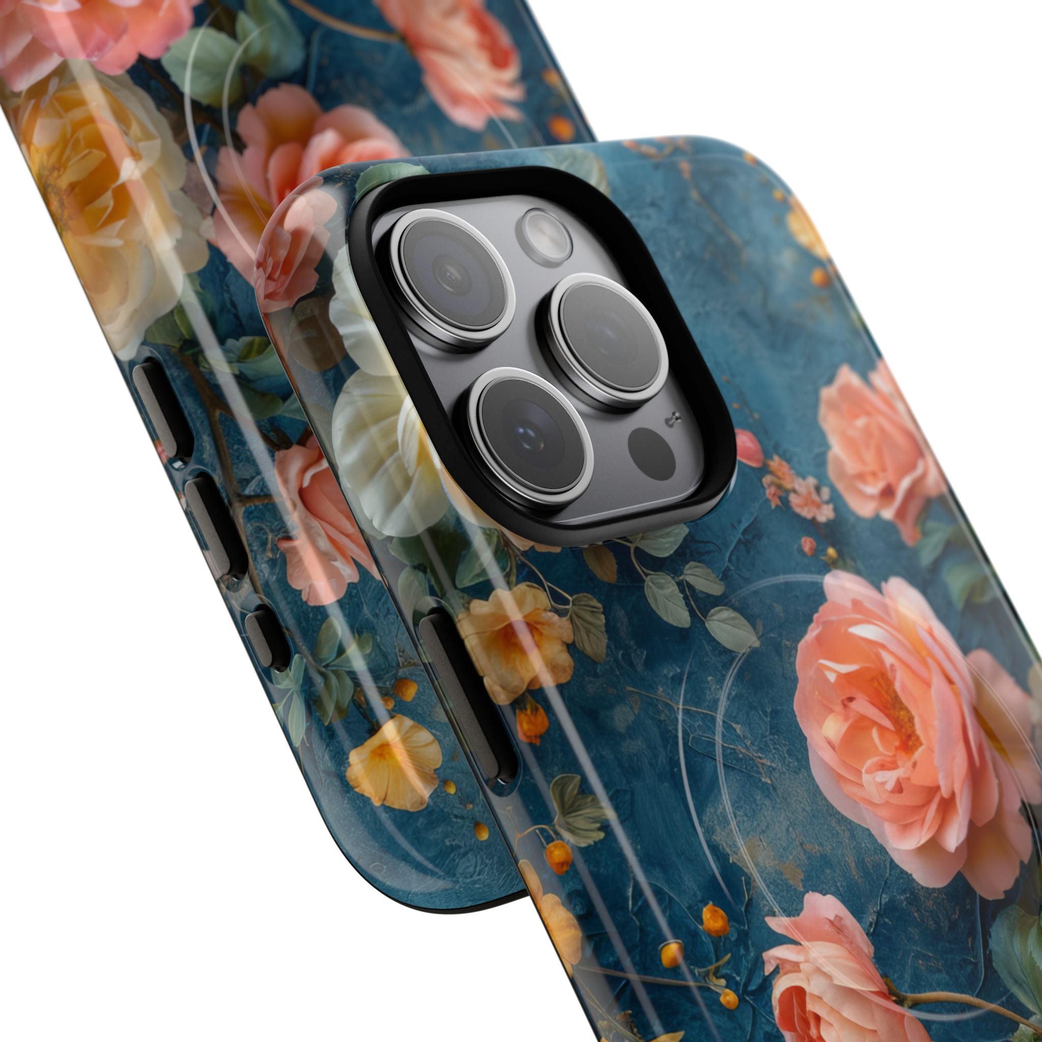 Blue Floral Elegance - Tough + MagSafe® iPhone 15 Phone Case