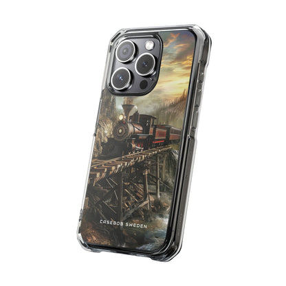 Vintage Steam Train Crossing Mountain Bridge iPhone 15 - Clear Impact Phone Case