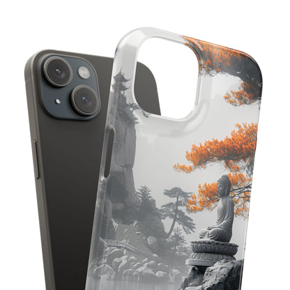 Zen Serenity: Tranquil Landscape with Buddha and Pagoda iPhone 15 - Slim Phone Case