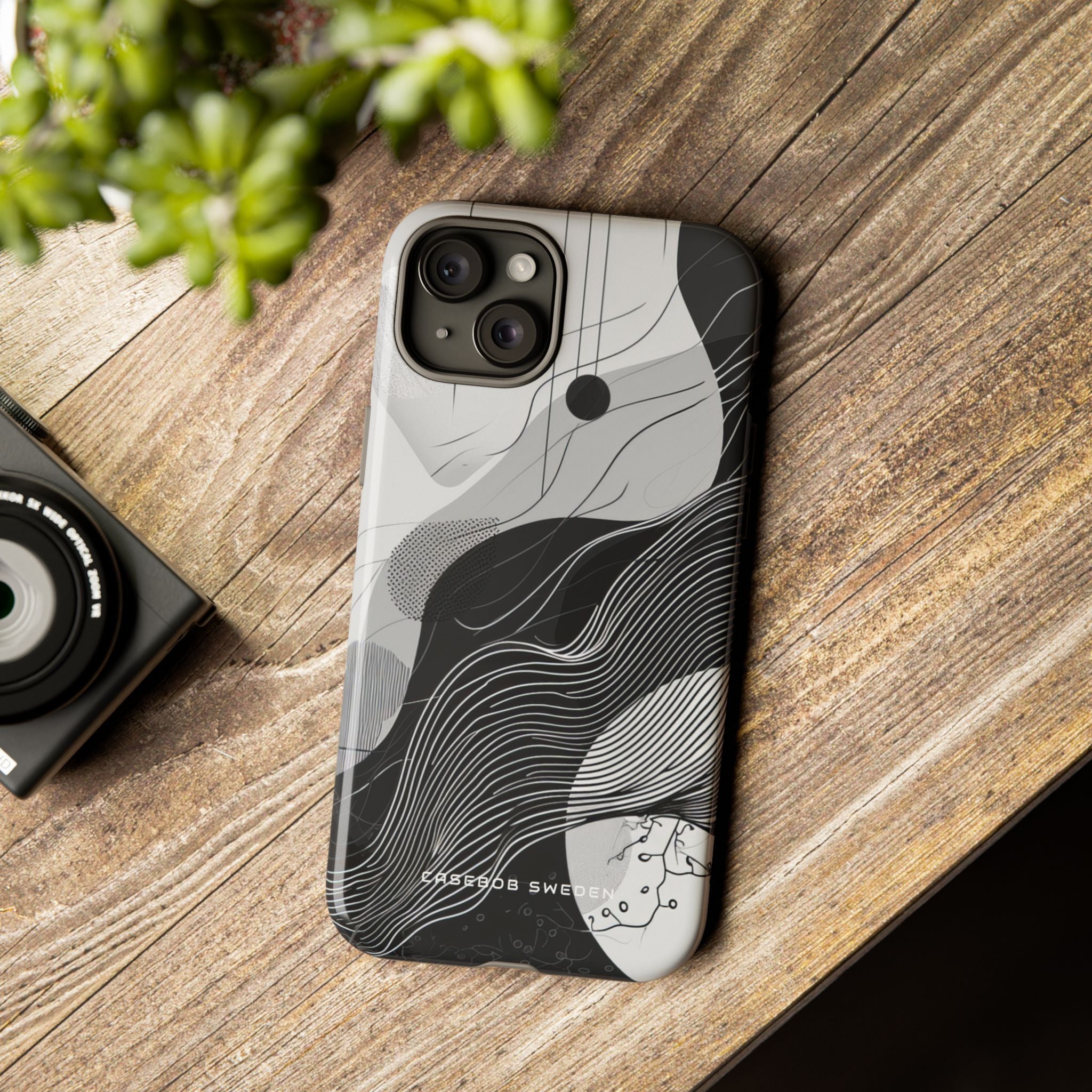 Fluid Rhythms: Monochrome Line Flow iPhone 15 - Tough Phone Case