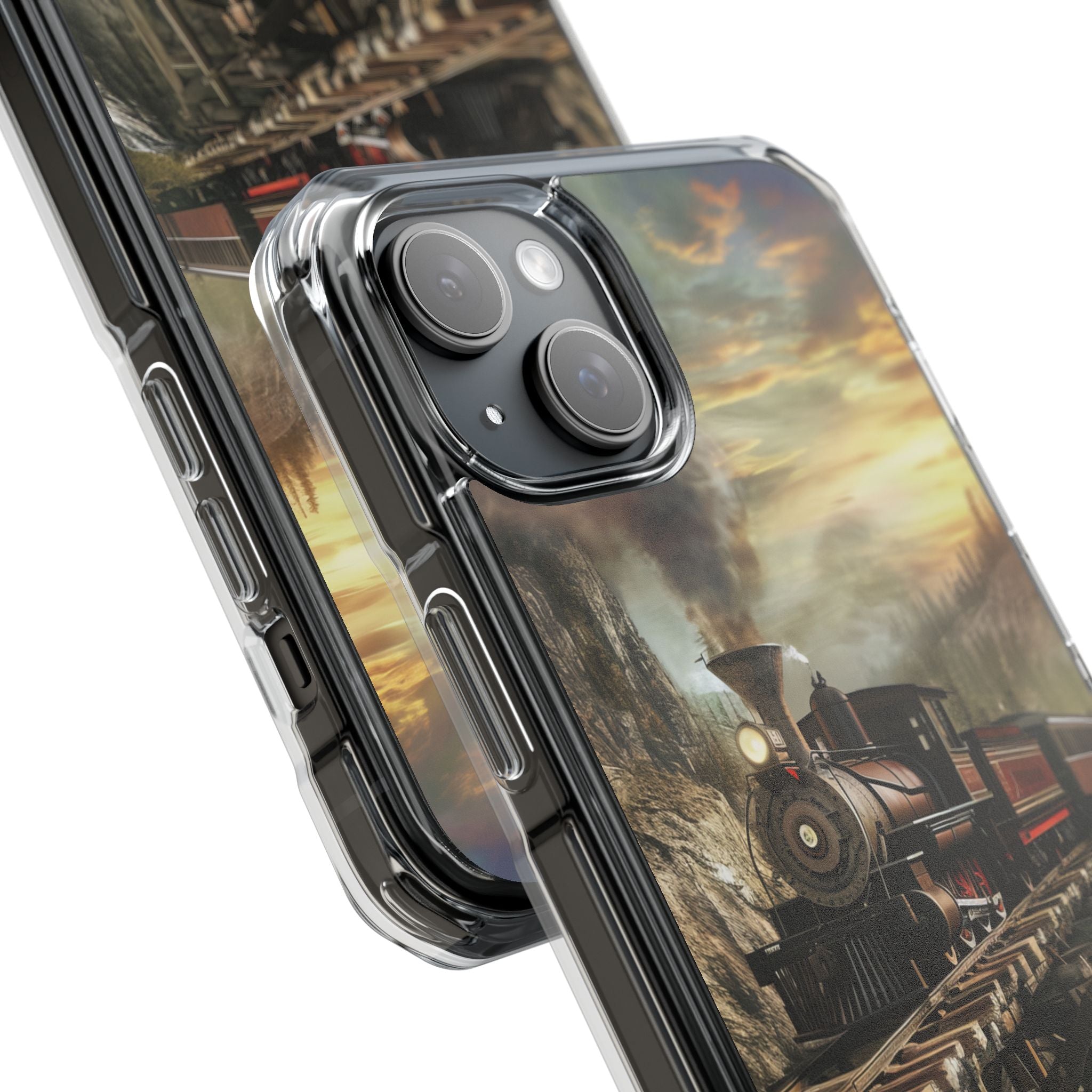 Vintage Steam Train Crossing Mountain Bridge iPhone 15 - Clear Impact Phone Case