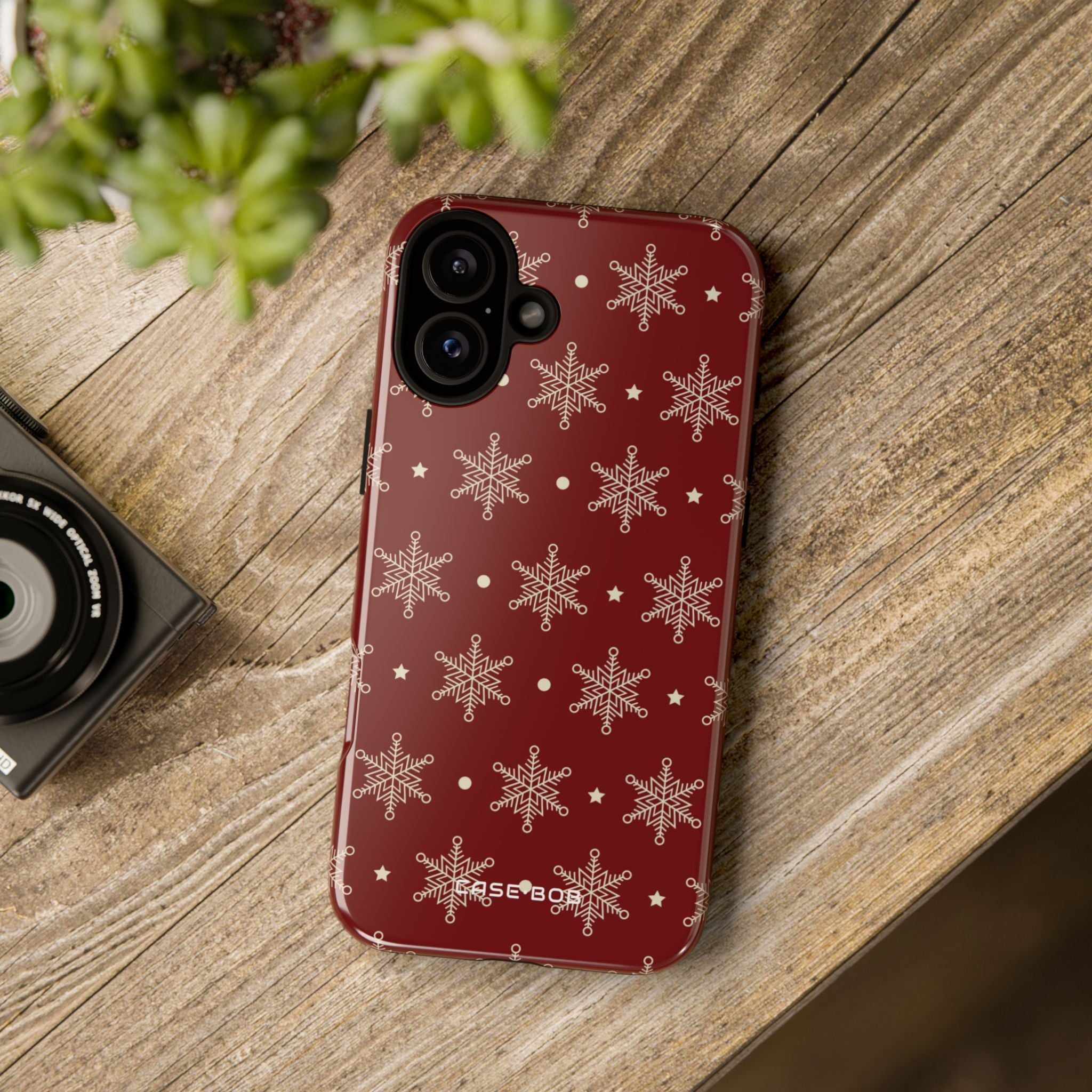 Cream Snowflakes Crimson iPhone 16 Plus Case - Tough