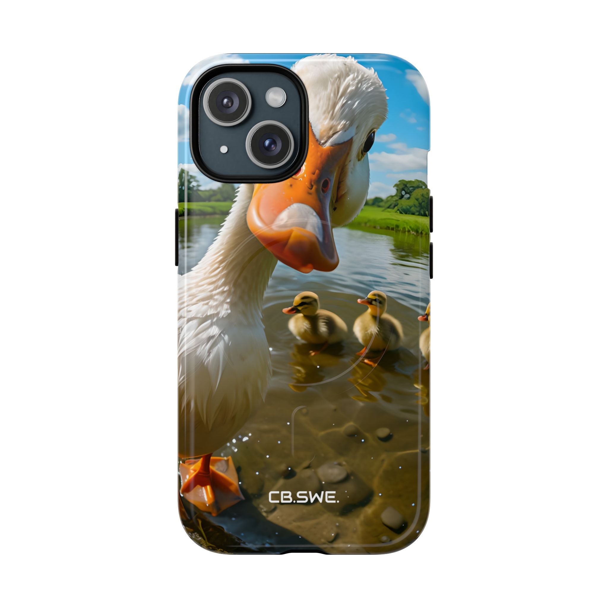 Playful White Duck and Baby Ducks iPhone 15 - Tough+