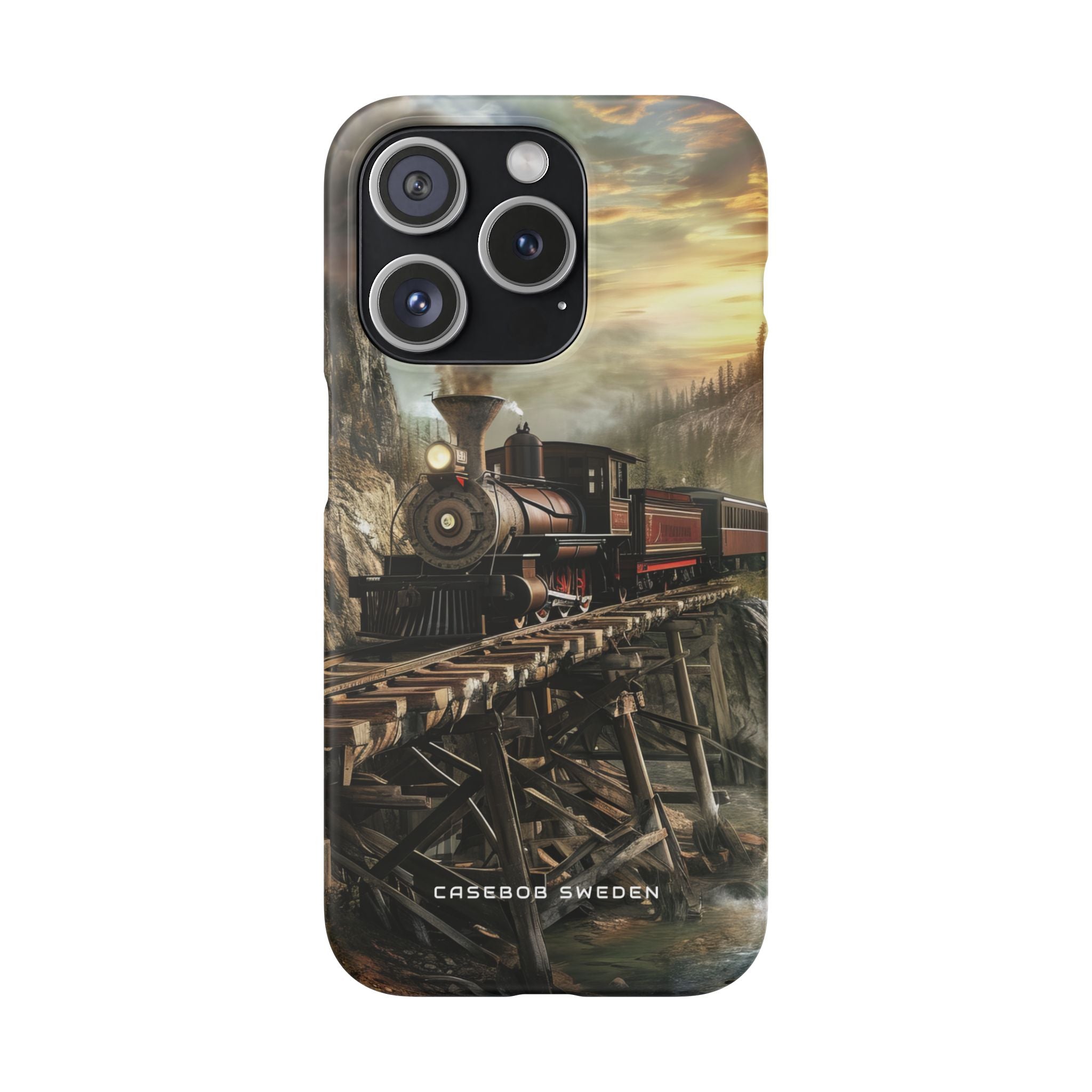 Vintage Steam Train Crossing Mountain Bridge iPhone 15 - Slim Phone Case