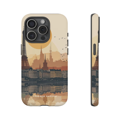 Eiffel Tower Silhouette with Birds and Sun Reflection iPhone 15 - Tough Phone Case