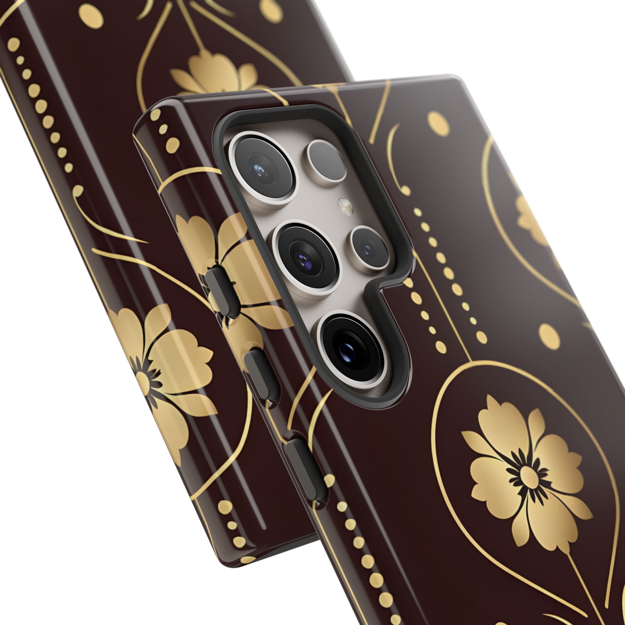 Elegant Gold Floral Symmetrical on Dark Brown Samsung S24 - Tough
