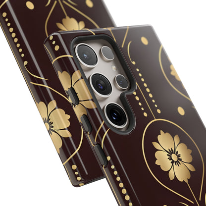 Elegant Gold Floral Symmetrical on Dark Brown Samsung S24 - Tough