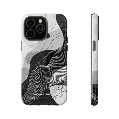 Fluid Rhythms: Monochrome Line Flow iPhone 14 - Tough Phone Case