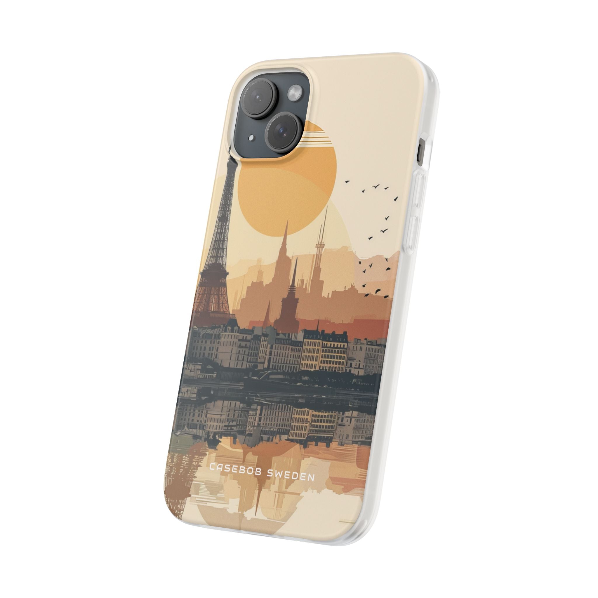 Eiffel Tower Silhouette with Birds and Sun Reflection iPhone 15 - Flexi Phone Case