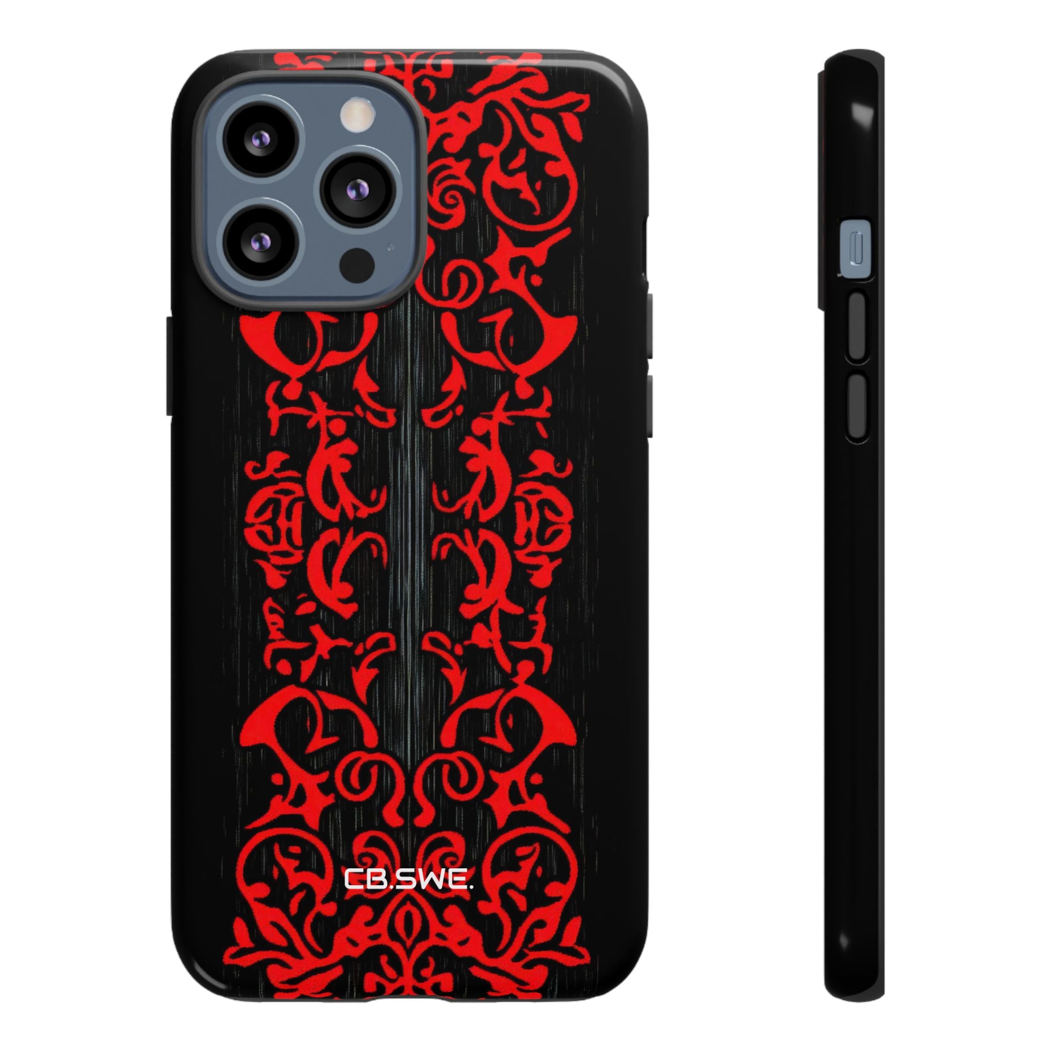 Red symmetrical tribal filigree line iPhone 13 - Tough