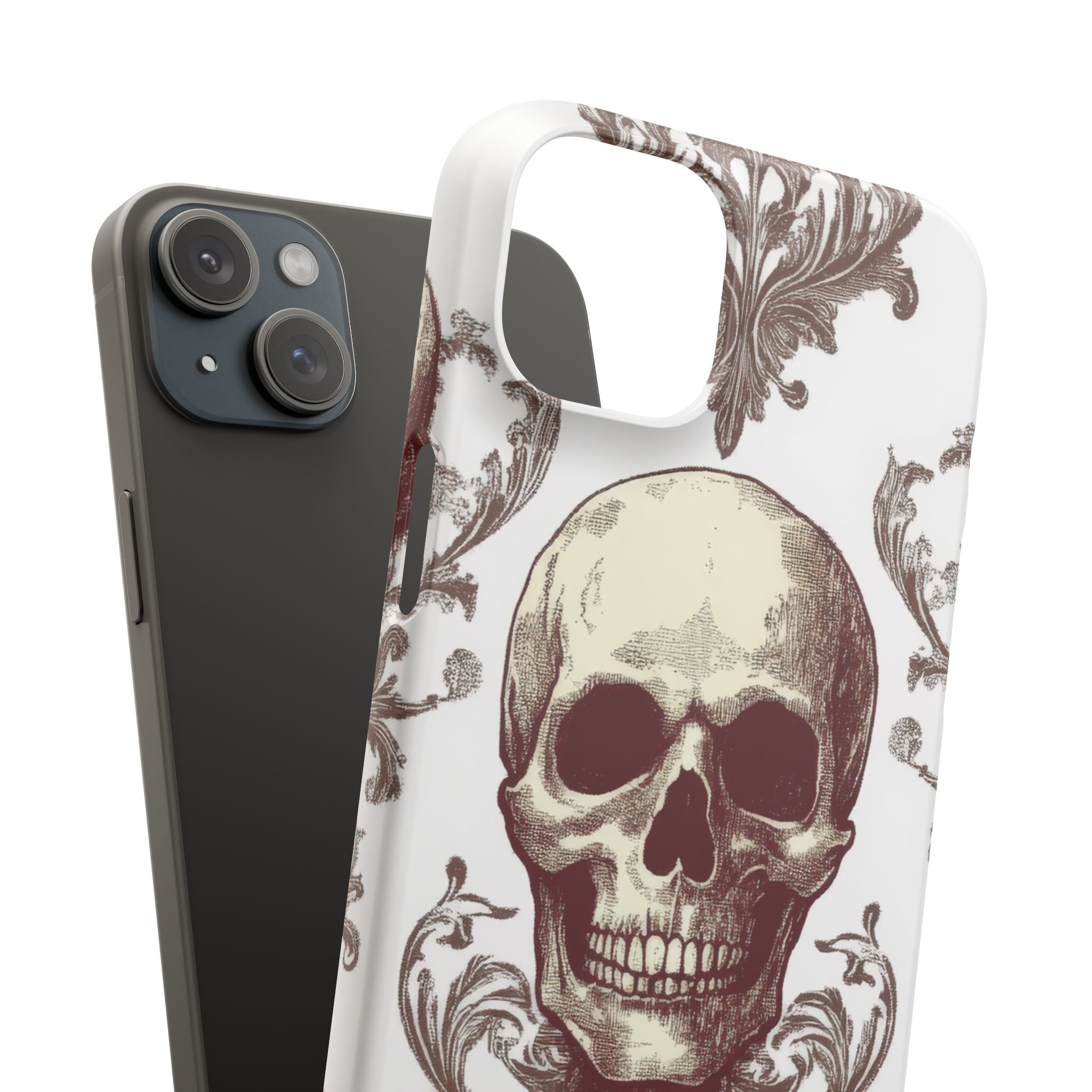 Gothic Skulls and Ornate Foliage iPhone 15 - Slim Phone Case