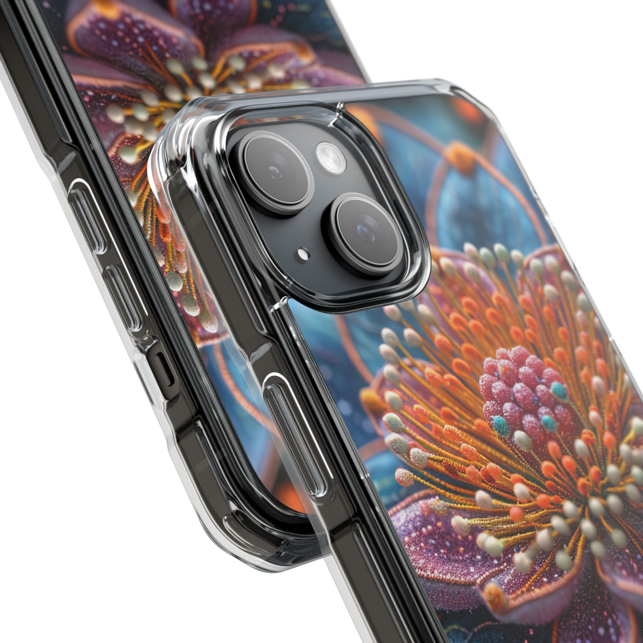 Blue-Orange Floral Swirl - Clear Impact iPhone 15 Phone Case