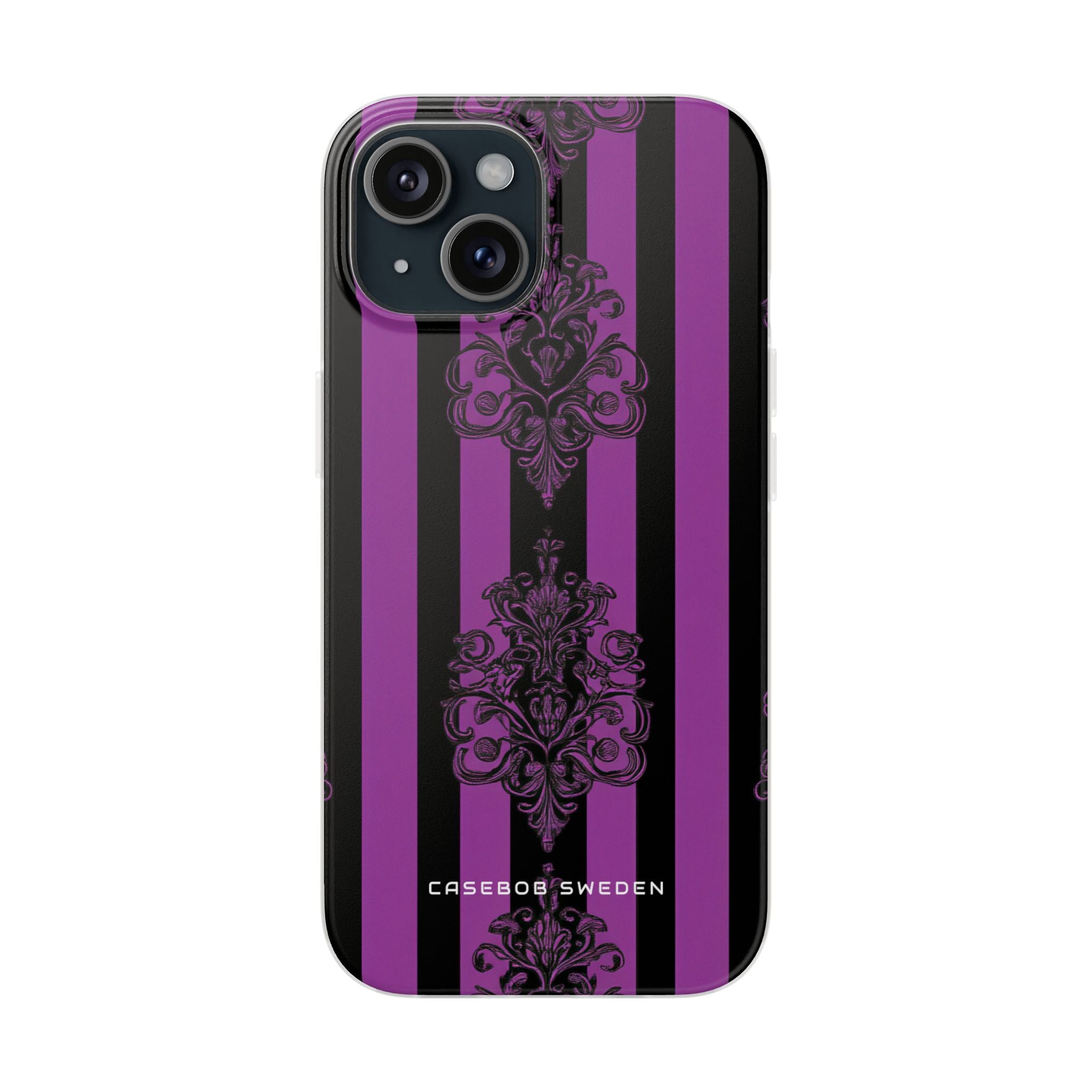 Gotische Eleganz mit vertikalen Streifen und Ornamentmotiven iPhone 15 - Flexi-Handyhülle