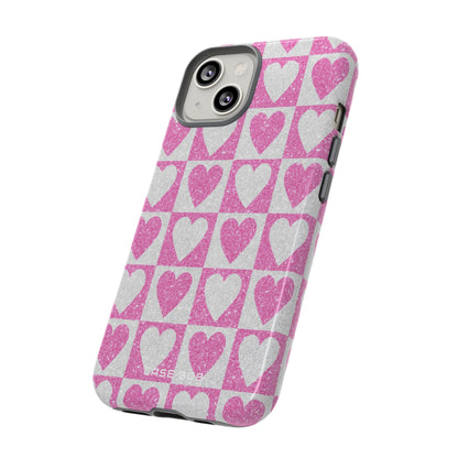 Glitter Heart Grid iPhone 14 Case - Tough