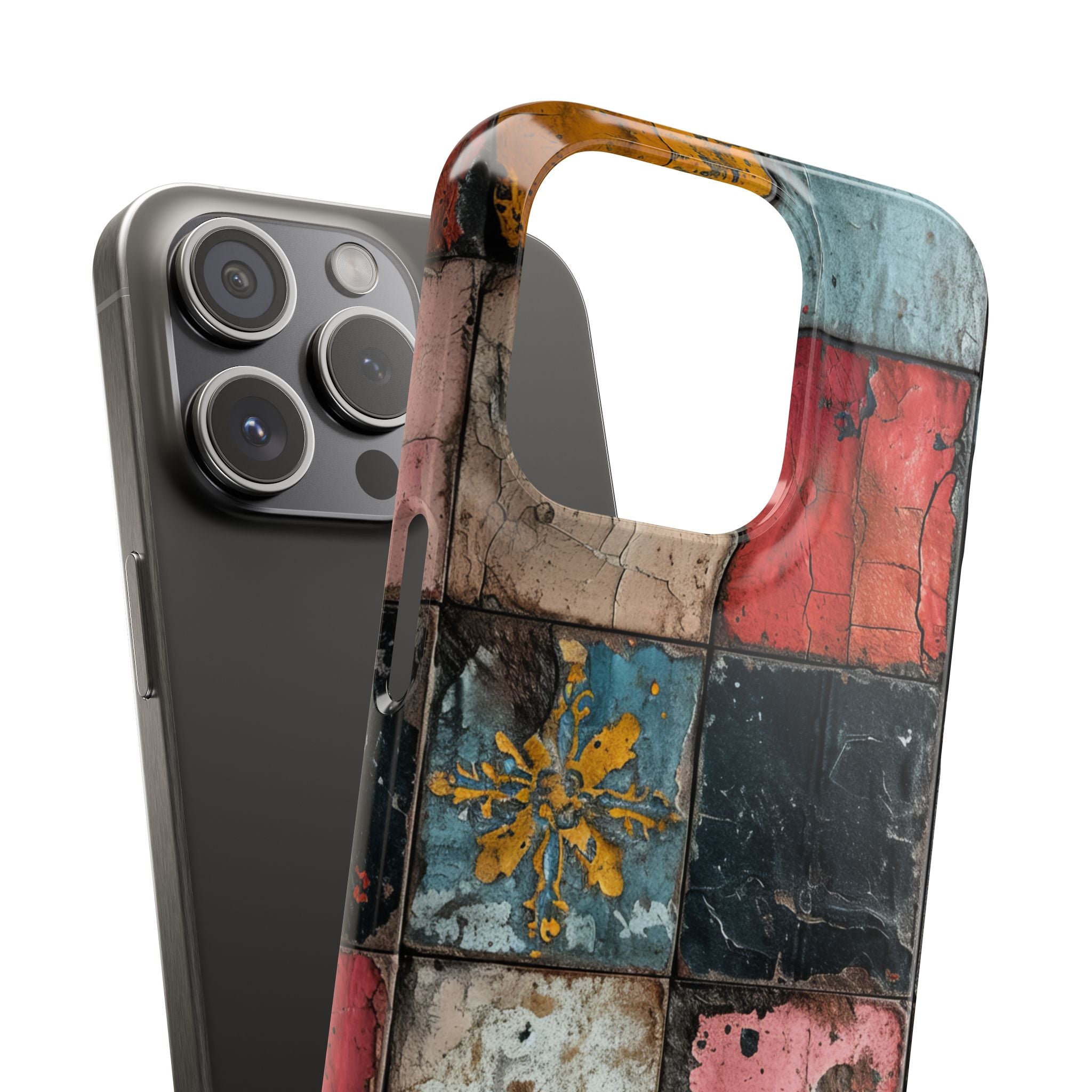 Rustic Red-Yellow Vintage Tiles - Slim iPhone 15 Phone Case