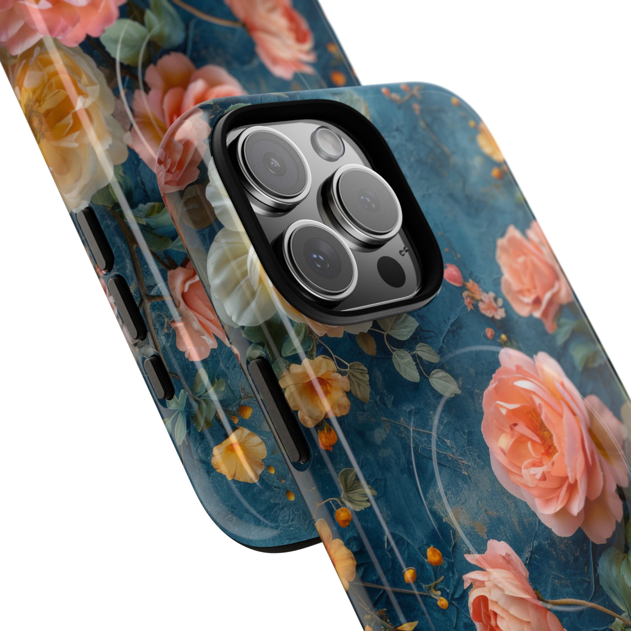 Blue Floral Elegance - Tough + MagSafe® iPhone 16 Phone Case