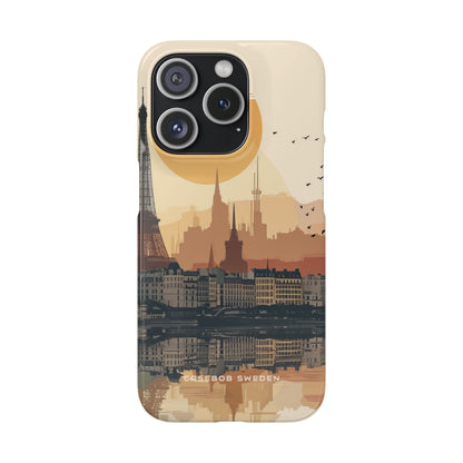 Eiffel Tower Silhouette with Birds and Sun Reflection iPhone 15 - Slim Phone Case