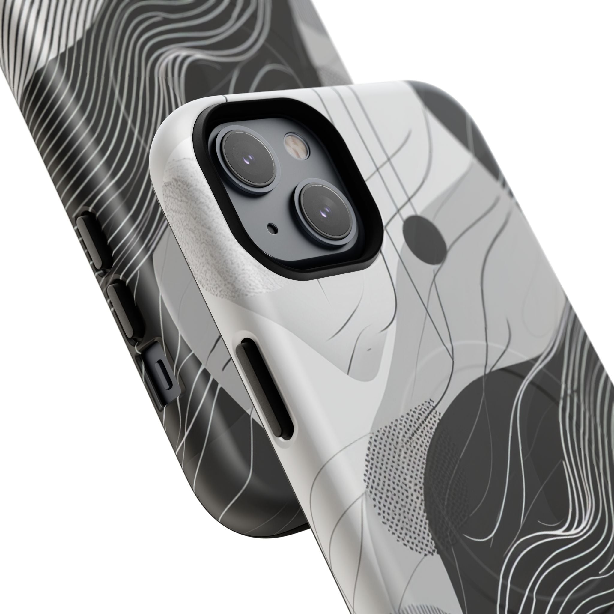 Fluid Rhythms: Monochrome Line Flow iPhone 14 | Tough+ Phone Case