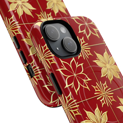 Elegant Gold Floral Seamless Rich Red iPhone 15 - Tough+
