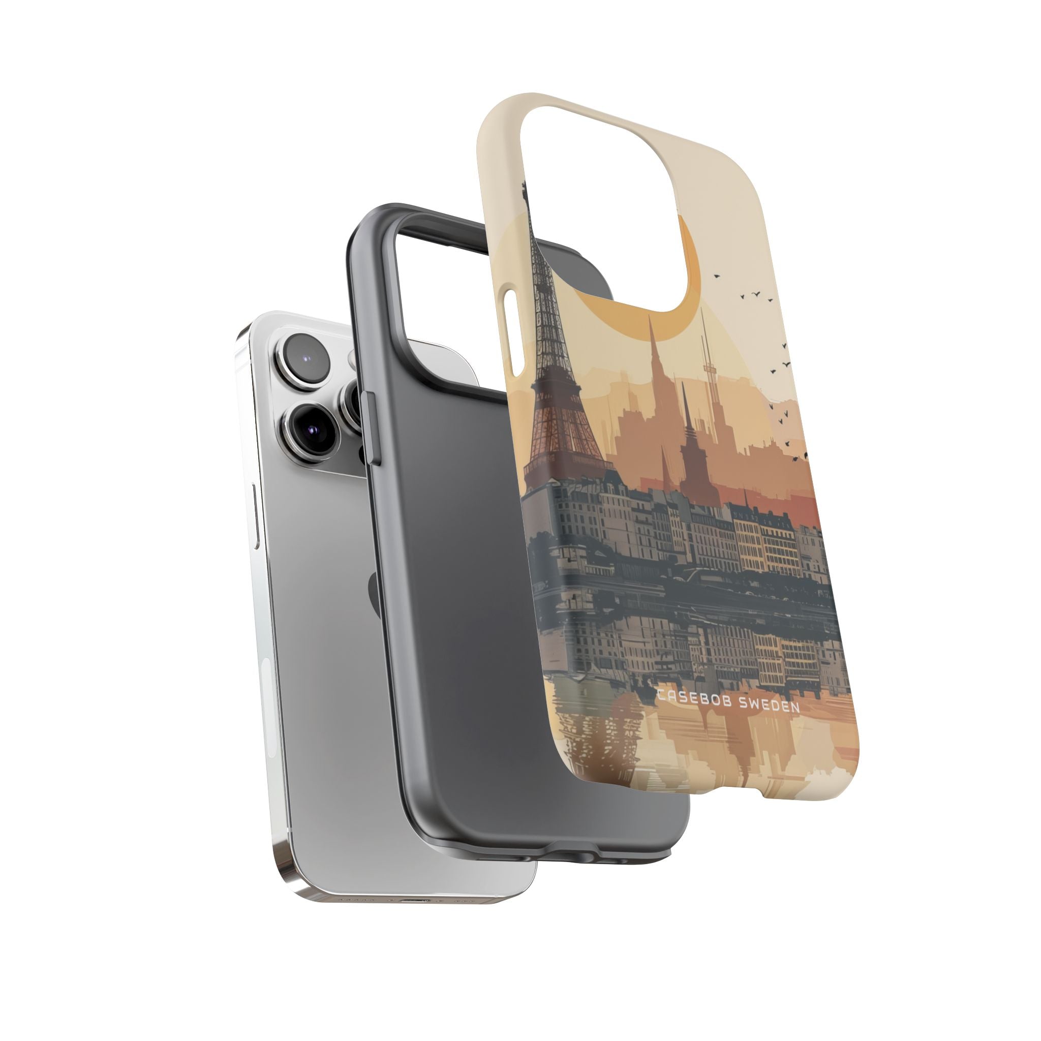 Eiffel Tower Silhouette with Birds and Sun Reflection iPhone 14 - Tough Phone Case