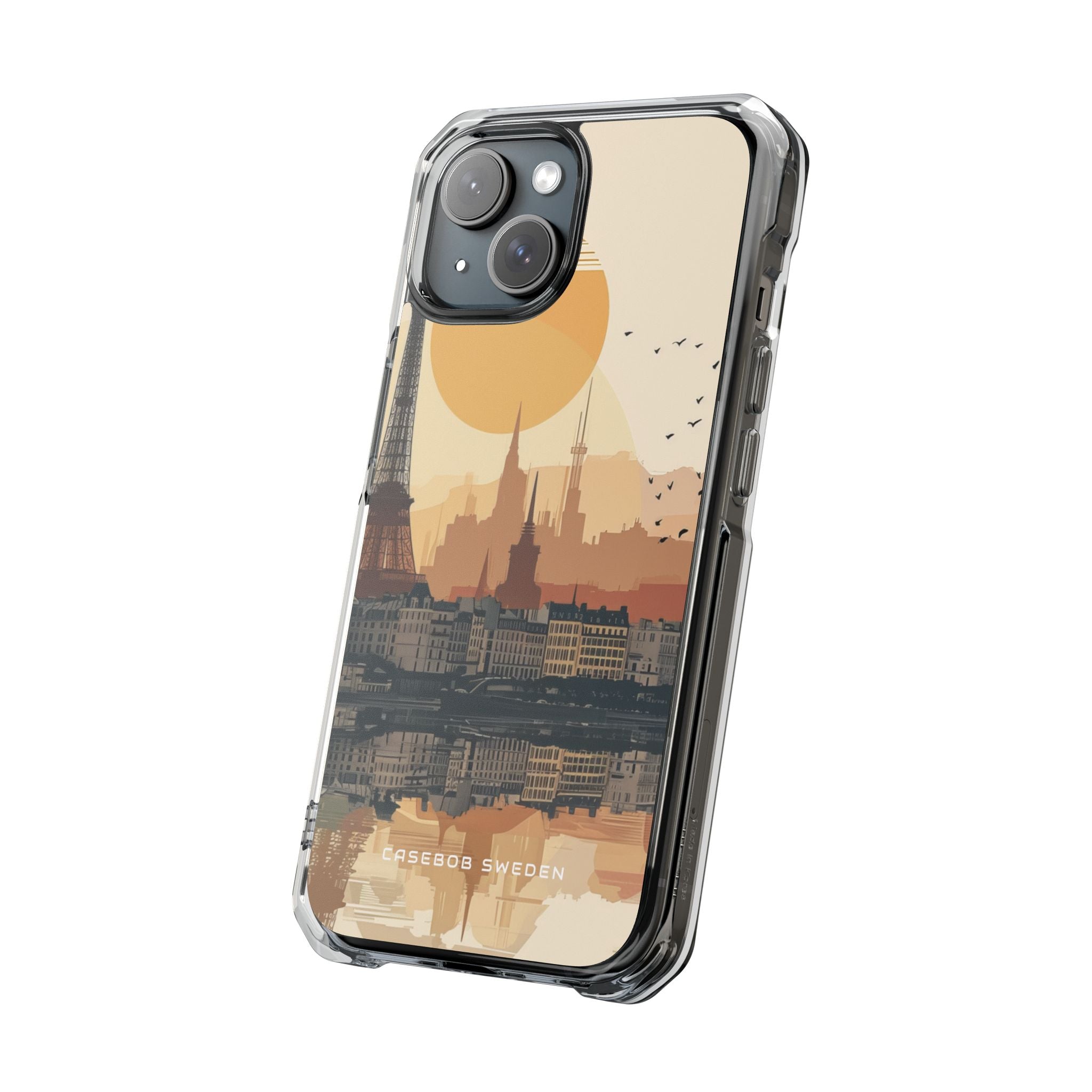 Eiffel Tower Silhouette with Birds and Sun Reflection iPhone 15 - Clear Impact Phone Case