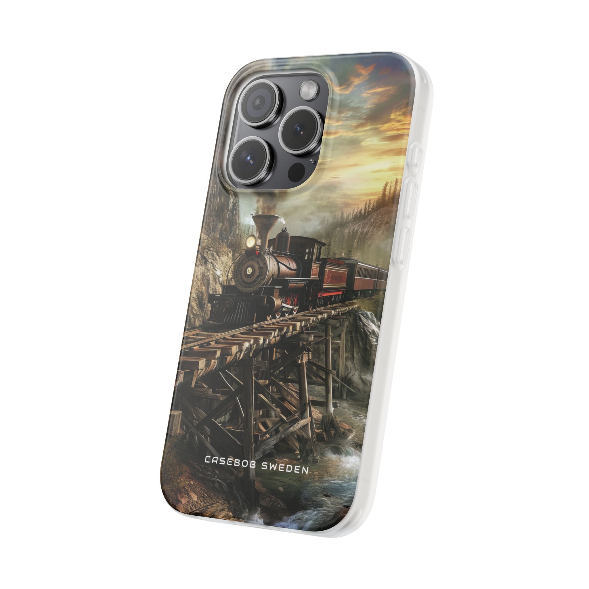 Vintage Steam Train Crossing Mountain Bridge iPhone 15 - Flexi Phone Case