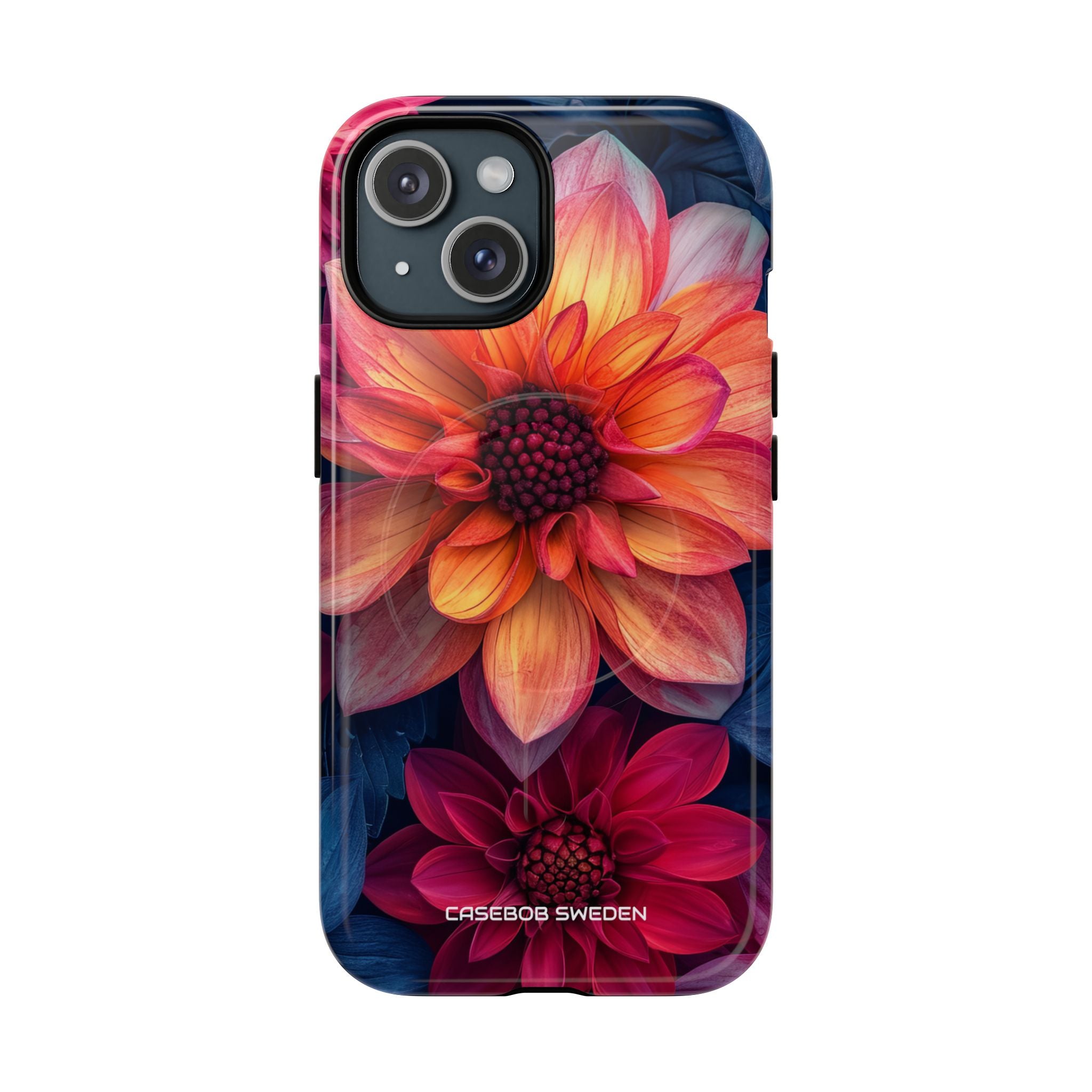 Floral Harmony Orange Blue - Tough + MagSafe® iPhone 15 Phone Case