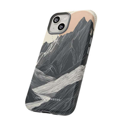 Minimalist Mountain Landscape with Flowing River iPhone 14 - Tough Phone Case