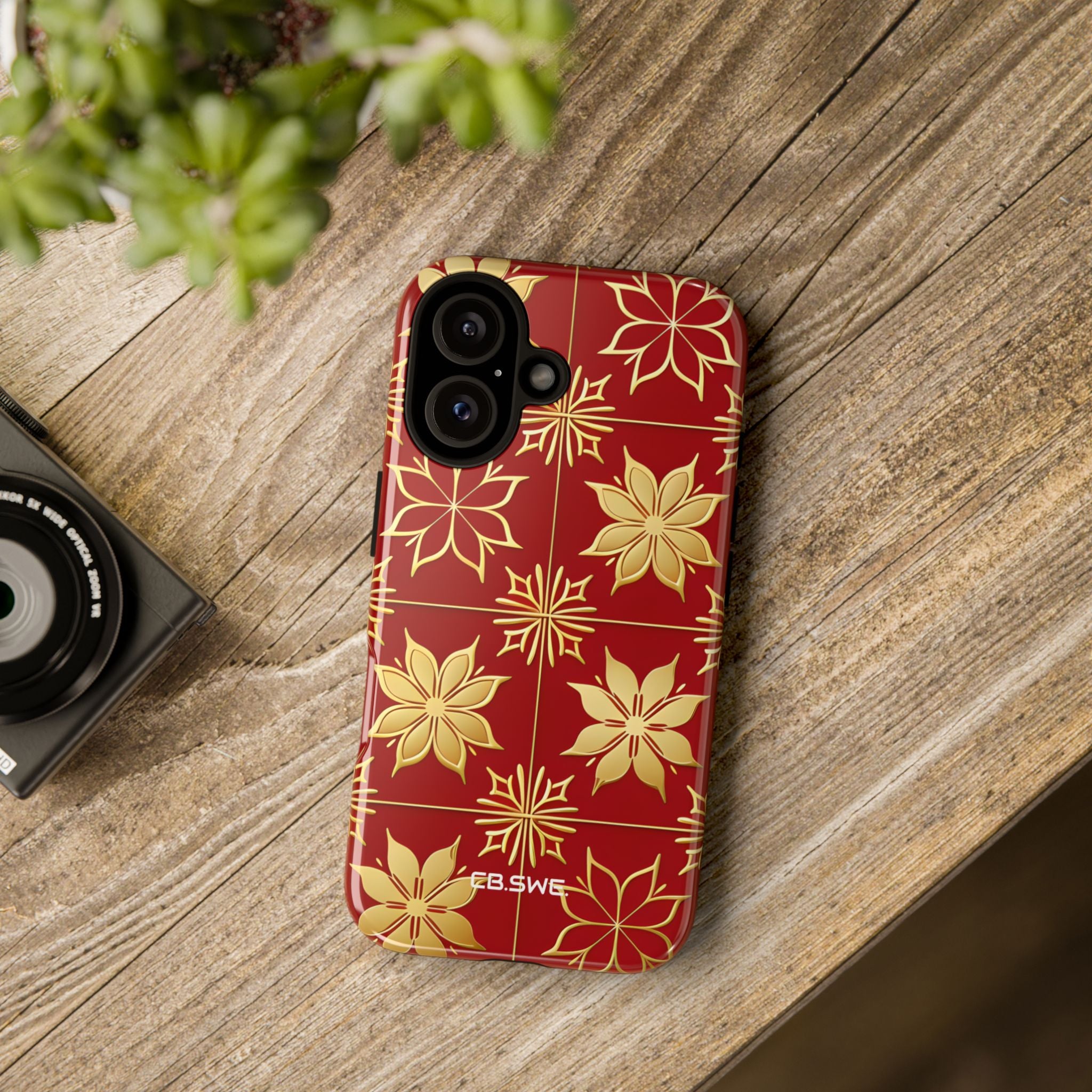 Elegantes Gold Floral Seamless Rich Red iPhone 16 - Tough