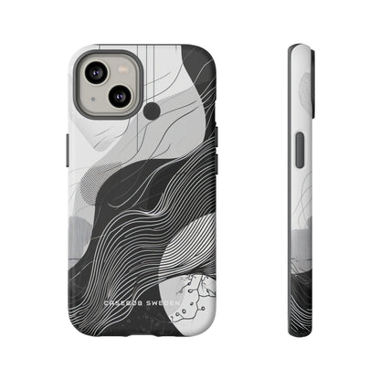 Fluid Rhythms: Monochrome Line Flow iPhone 14 - Tough Phone Case