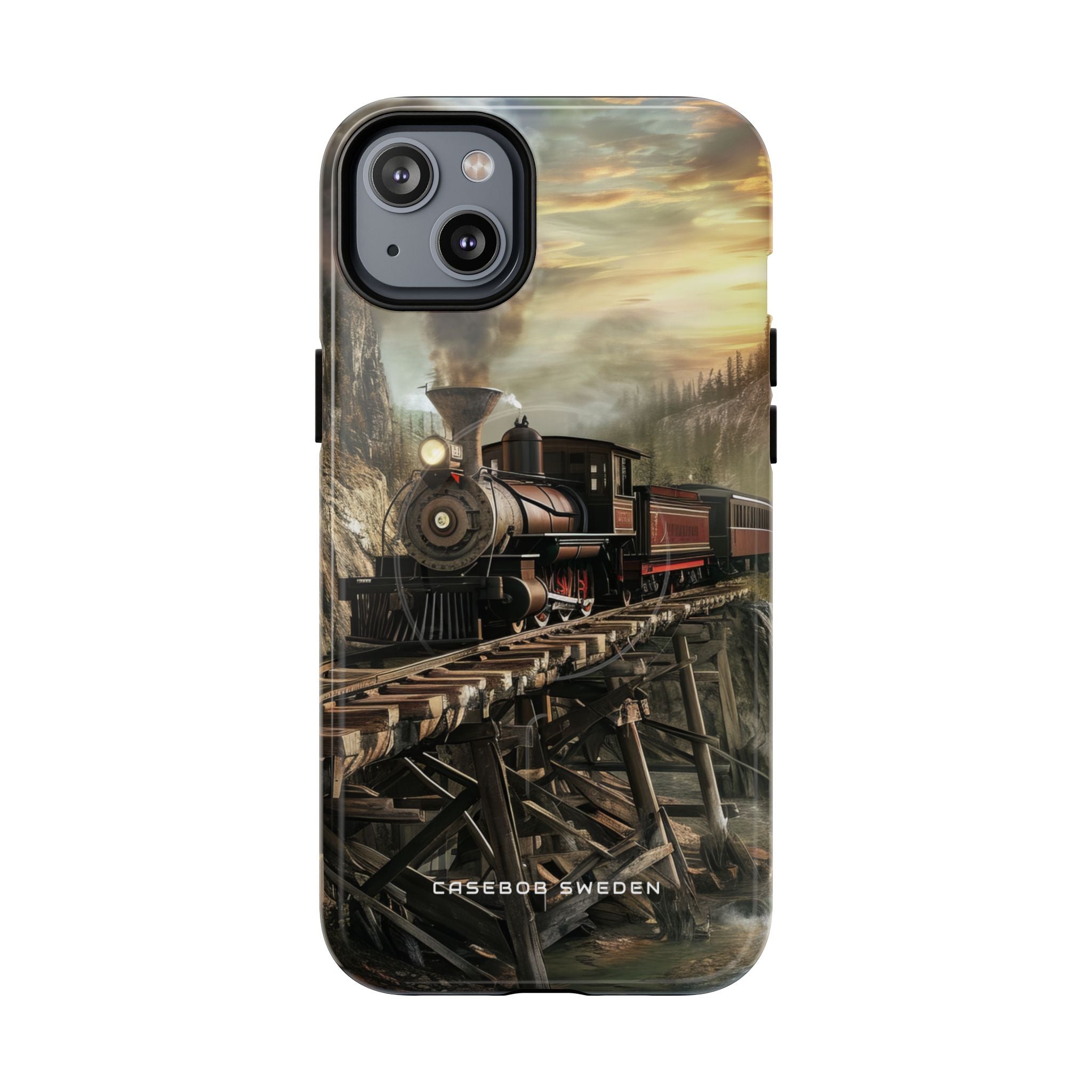 Vintage Steam Train Crossing Mountain Bridge iPhone 14 | Tough+ Phone Case