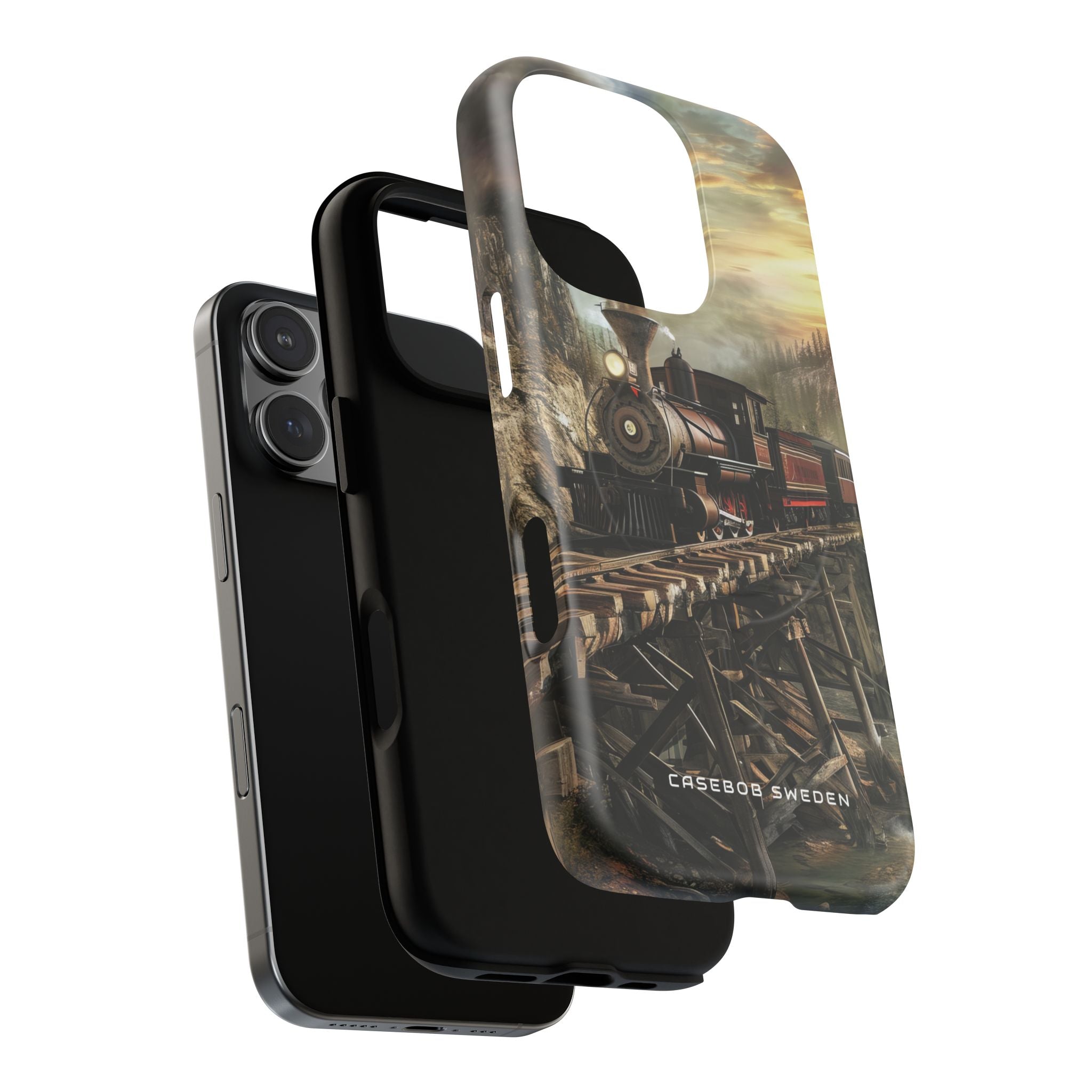 Vintage Steam Train Crossing Mountain Bridge iPhone 16 | Tough+ Phone Case