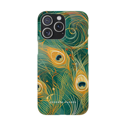 Peacock Elegance in Teal and Gold iPhone 15 - Slim Phone Case