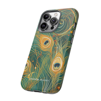 Peacock Elegance in Teal and Gold iPhone 14 - Tough Phone Case