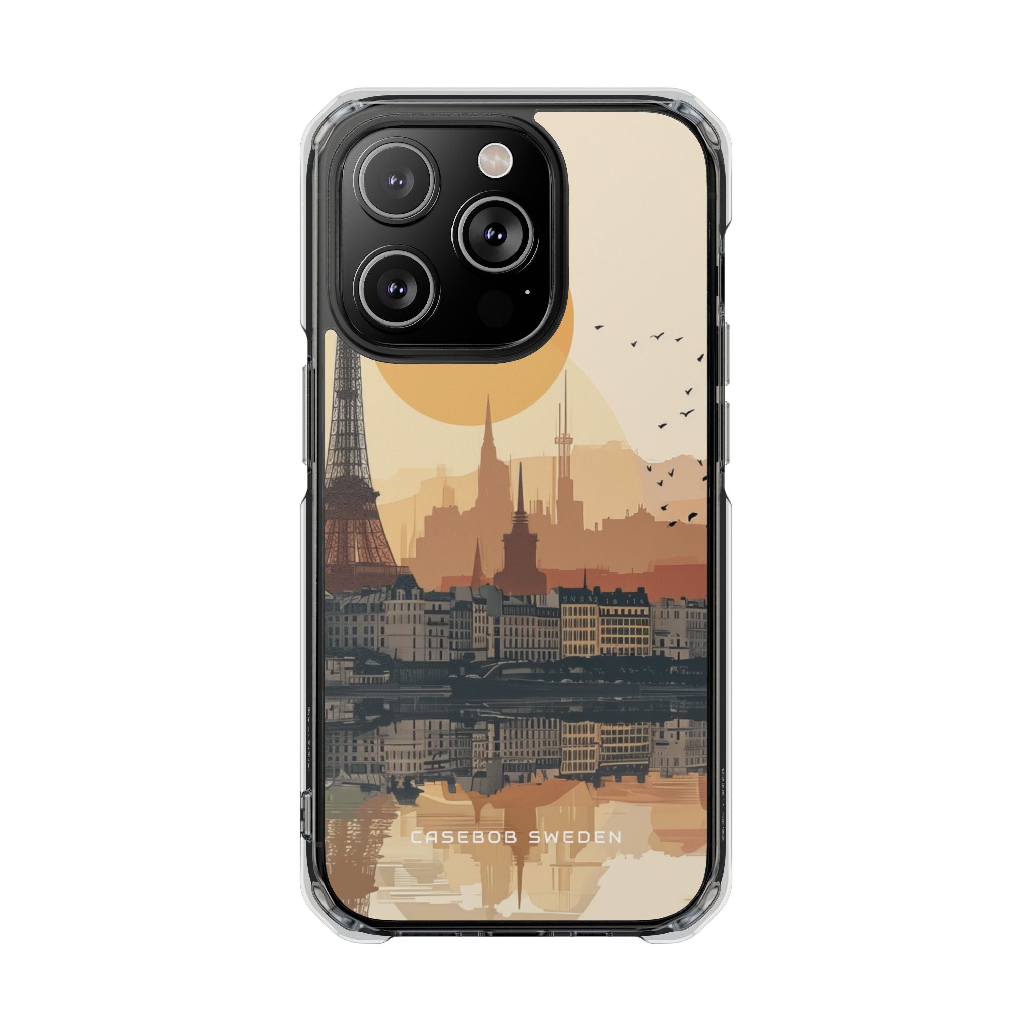 Eiffel Tower Silhouette with Birds and Sun Reflection iPhone 14 - Clear Impact Phone Case