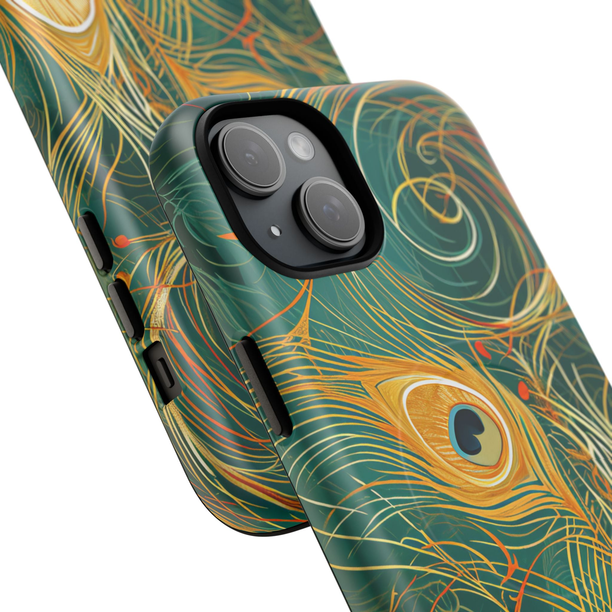 Peacock Elegance in Teal and Gold iPhone 15 | Tough+ Phone Case