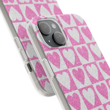 Glitter Heart Grid iPhone 15 Plus Case - Soft