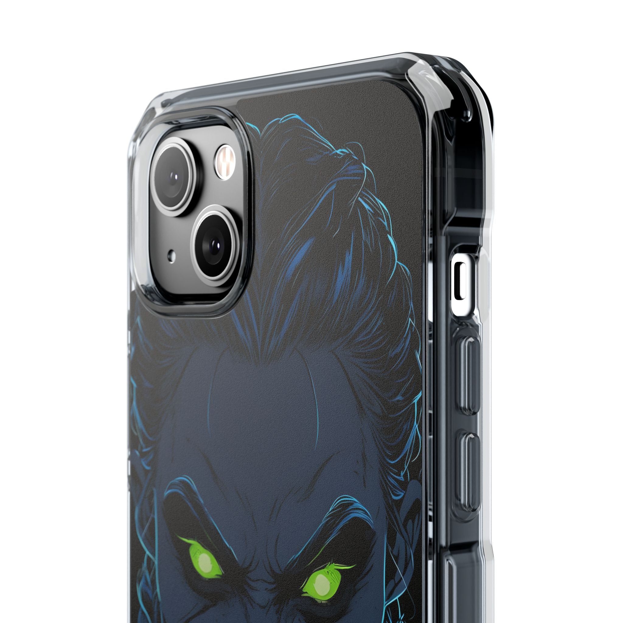 Unheimlicher, unheimlicher Charakter mit neongrünen Augen, iPhone 14 – Impact Clear+