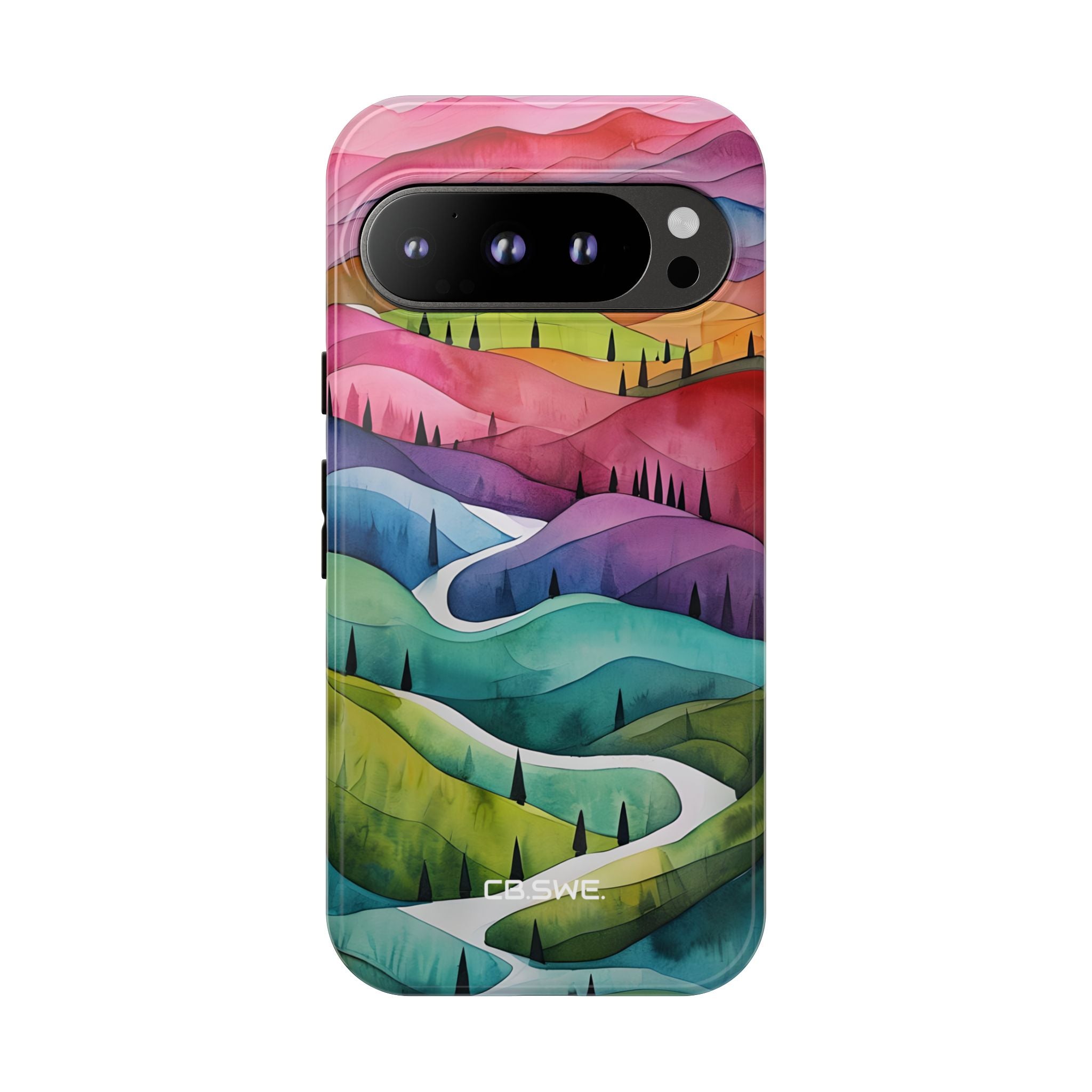 Vibrant Watercolor Hills and Path Google Pixel 9 - Tough