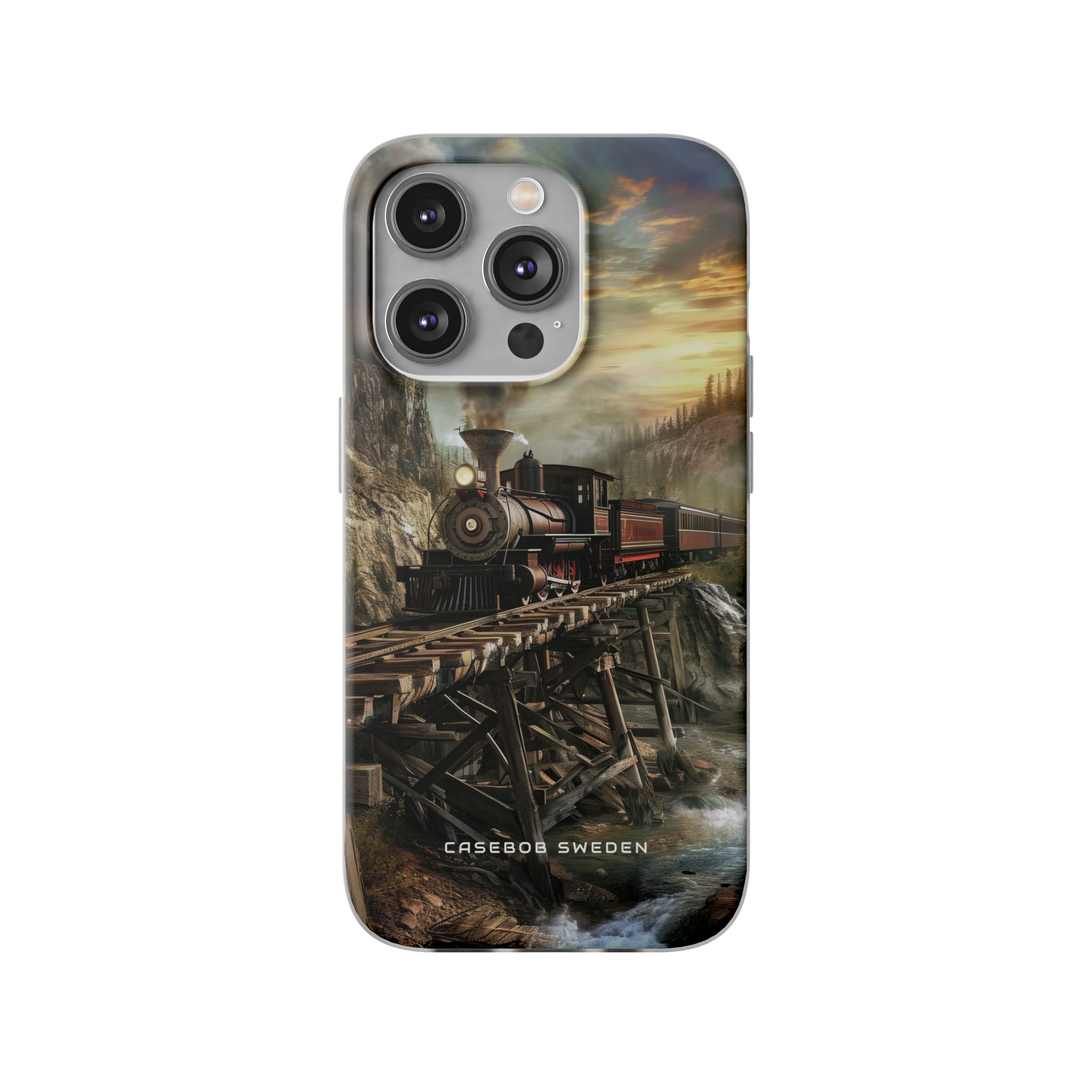 Vintage Steam Train Crossing Mountain Bridge iPhone 14 - Flexi Phone Case