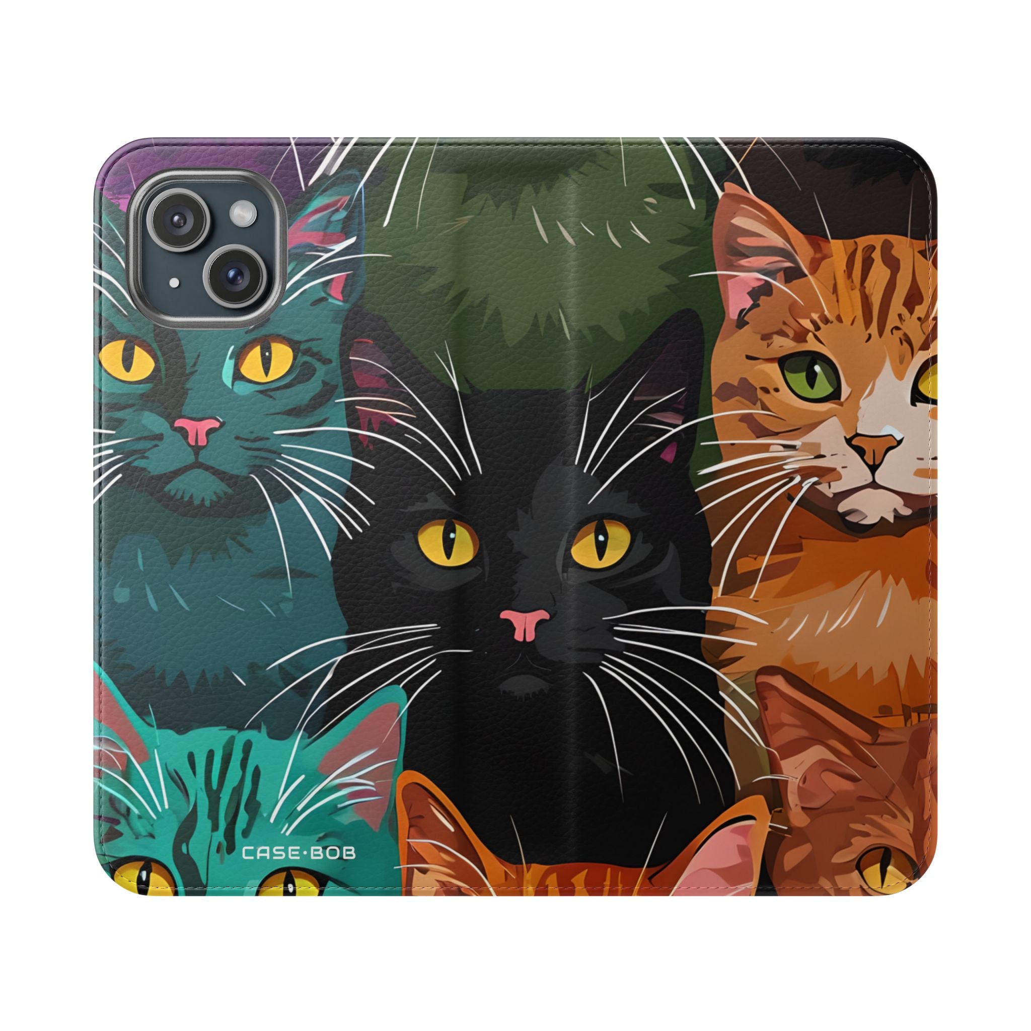 Cat Grid Neon - iPhone 15 Plus Case - Wallet
