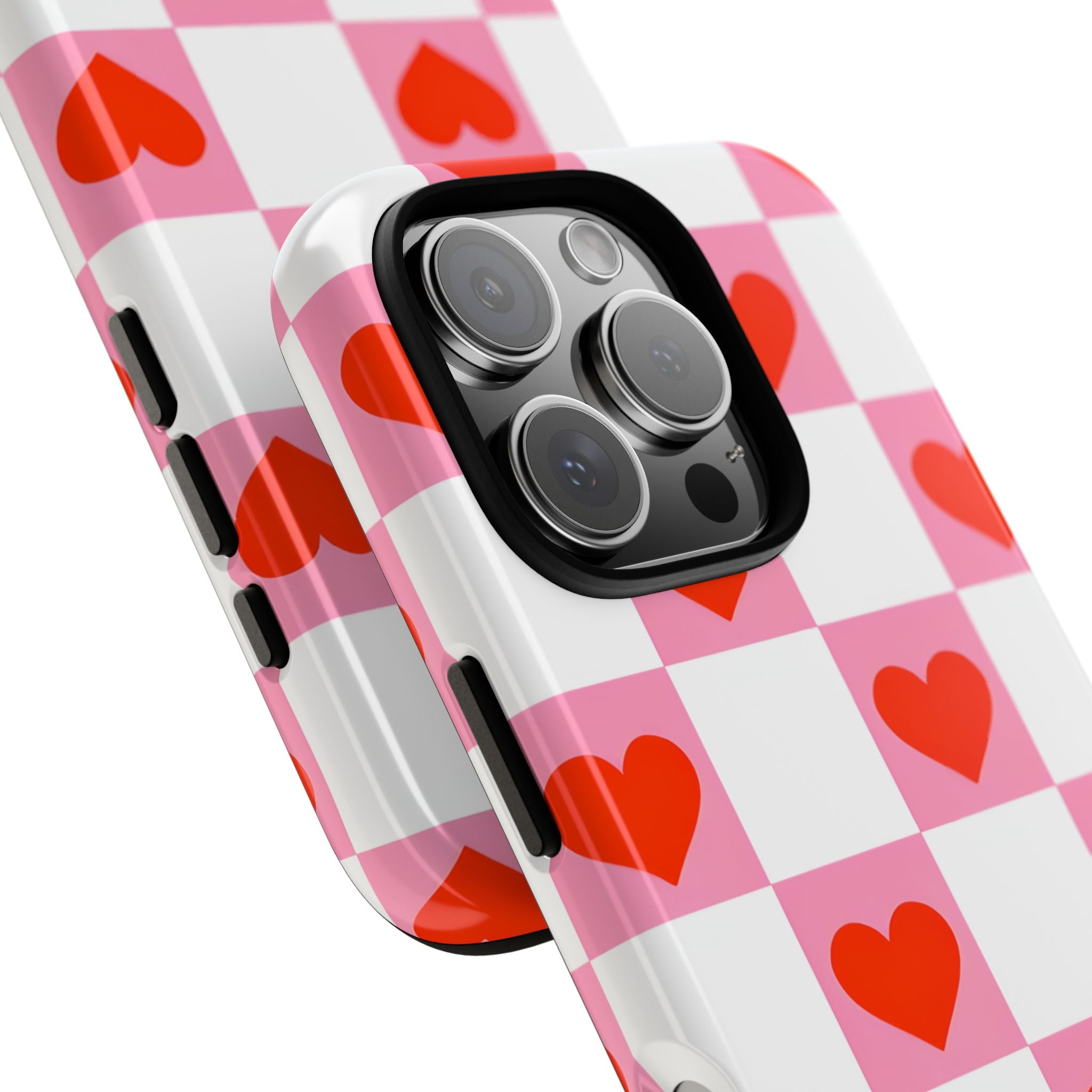 Charming Pink White Checkerboard Heart Shapes iPhone 16 - Tough