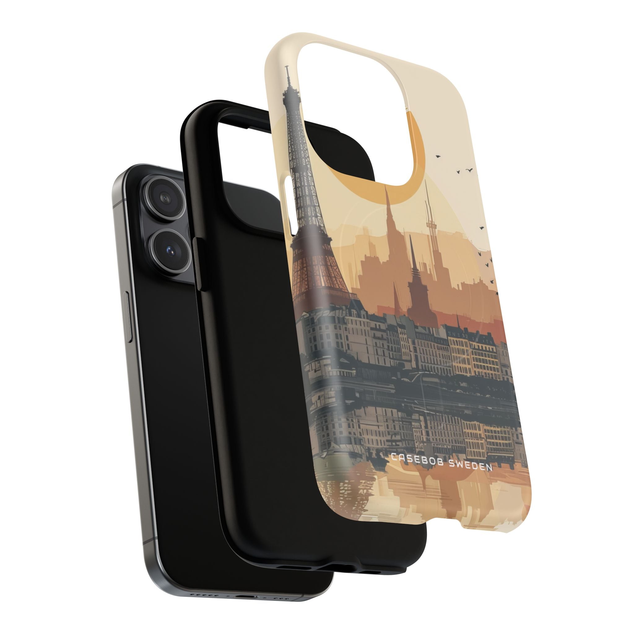 Eiffel Tower Silhouette with Birds and Sun Reflection iPhone 15 | Tough+ Phone Case