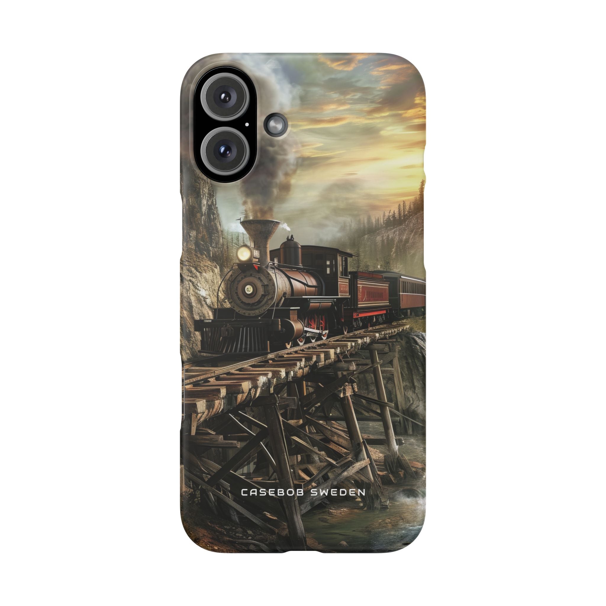 Vintage Steam Train Crossing Mountain Bridge iPhone 16 - Slim Phone Case