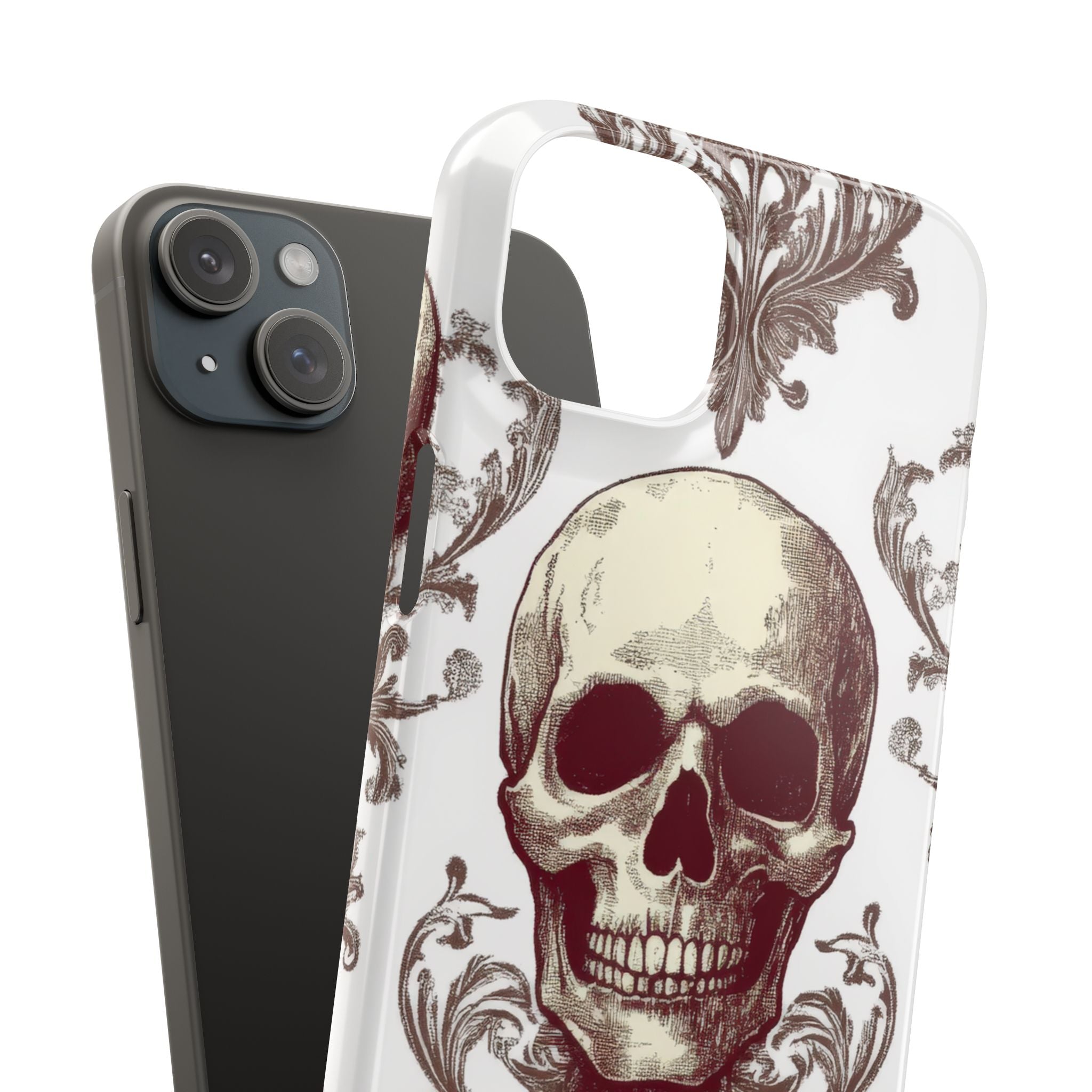 Gothic Skulls and Ornate Foliage iPhone 15 - Slim Phone Case