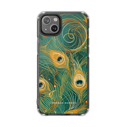 Peacock Elegance in Teal and Gold iPhone 14 - Clear Impact Phone Case