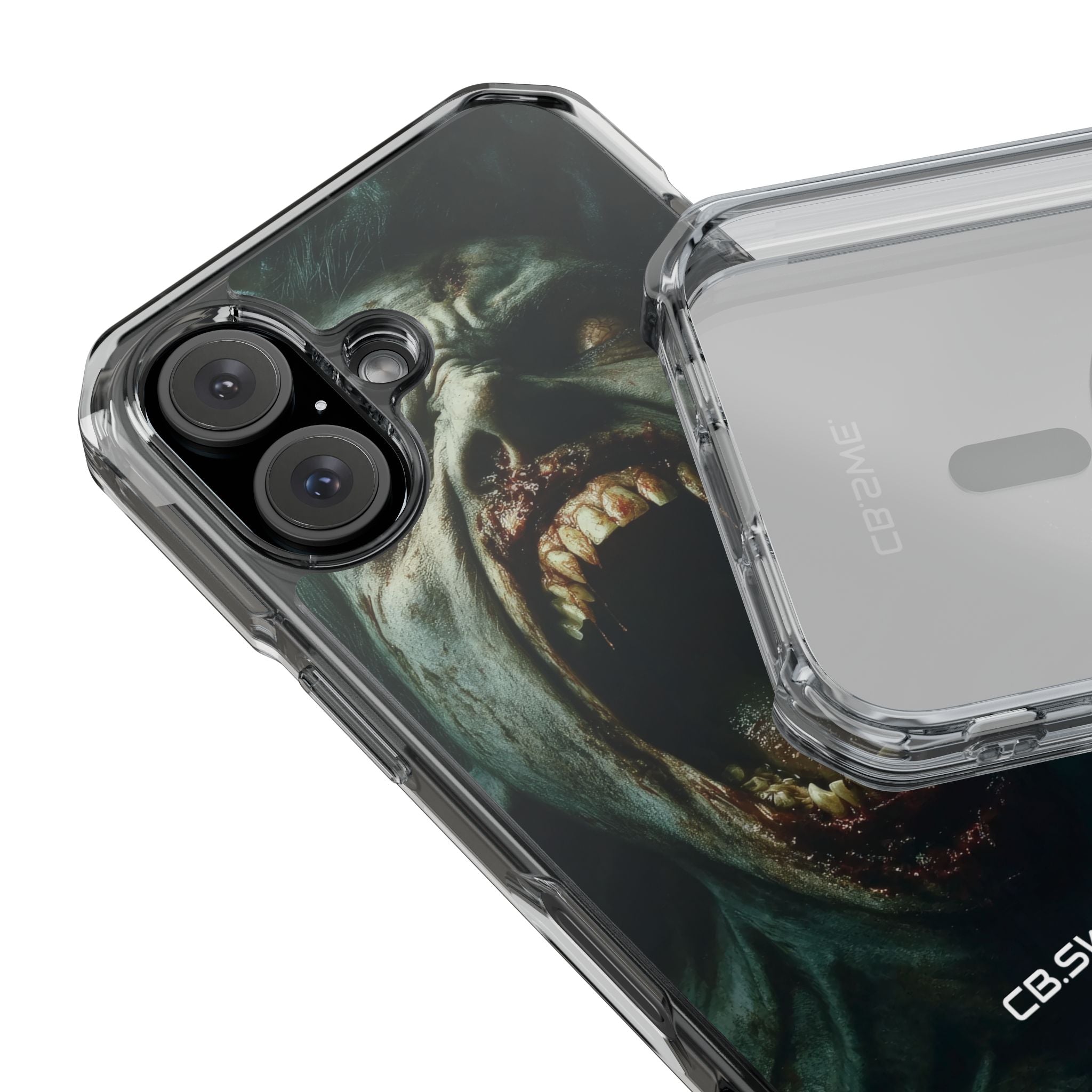 Ein Zombie mit scharfen Zähnen und offenem Mund, der Vampir zeigt. iPhone 16 – Impact Clear+
