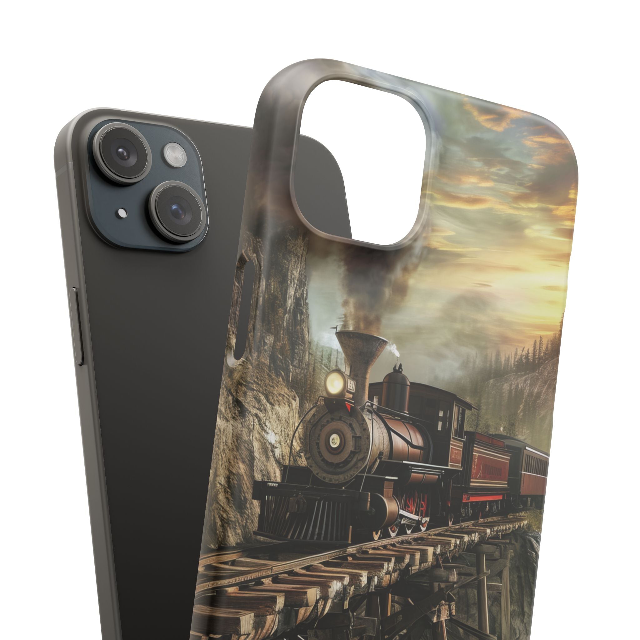 Vintage Steam Train Crossing Mountain Bridge iPhone 15 - Slim Phone Case