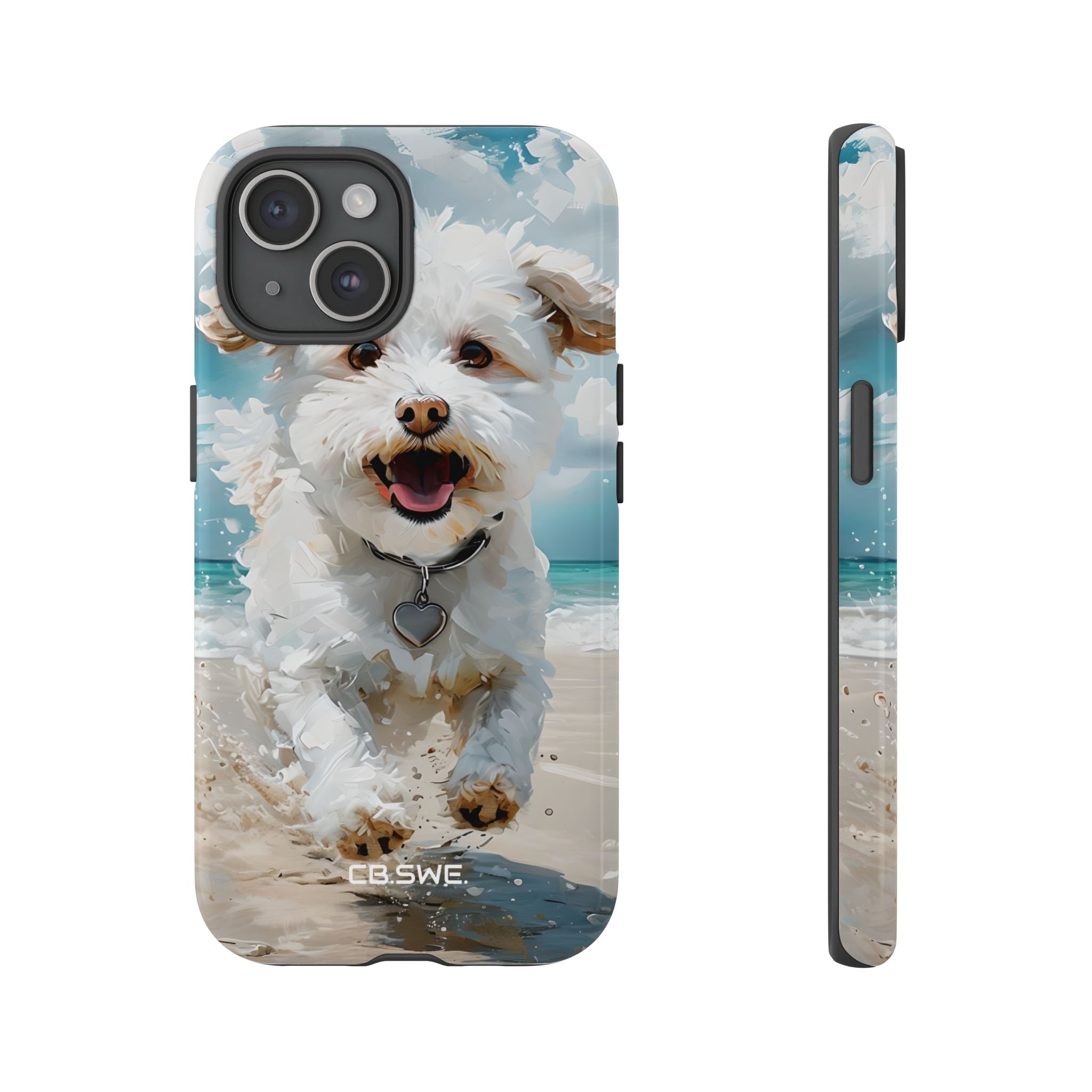 Joyful Fluffy Dog Running on Beach Impressionist Art iPhone 15 - Tough
